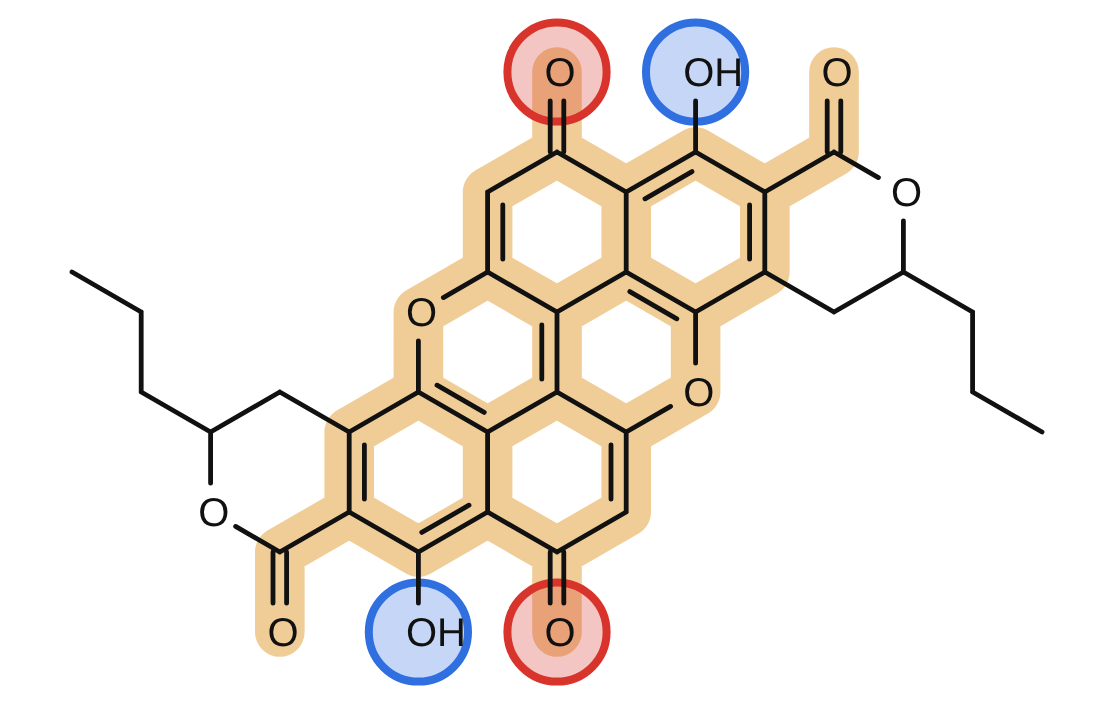 Xylindein: OH groups (blue) push electrons, C=O groups (red) pull, across a flat sheet of fused rings