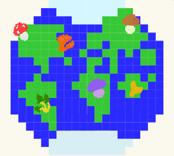 Pixel-art field-guide map with mushroom icons