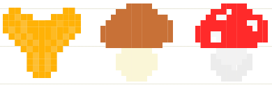 Pixel-art chanterelle, bolete and fly agaric